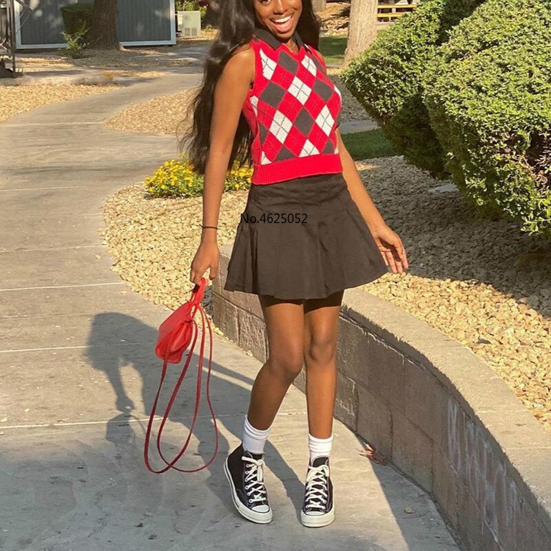 England Preppy Plaid Sweaters Women Ribbed Patchwork Vest Casual Sporty O-Neck Sleeveless Tanks Crop Top Female Streetwear