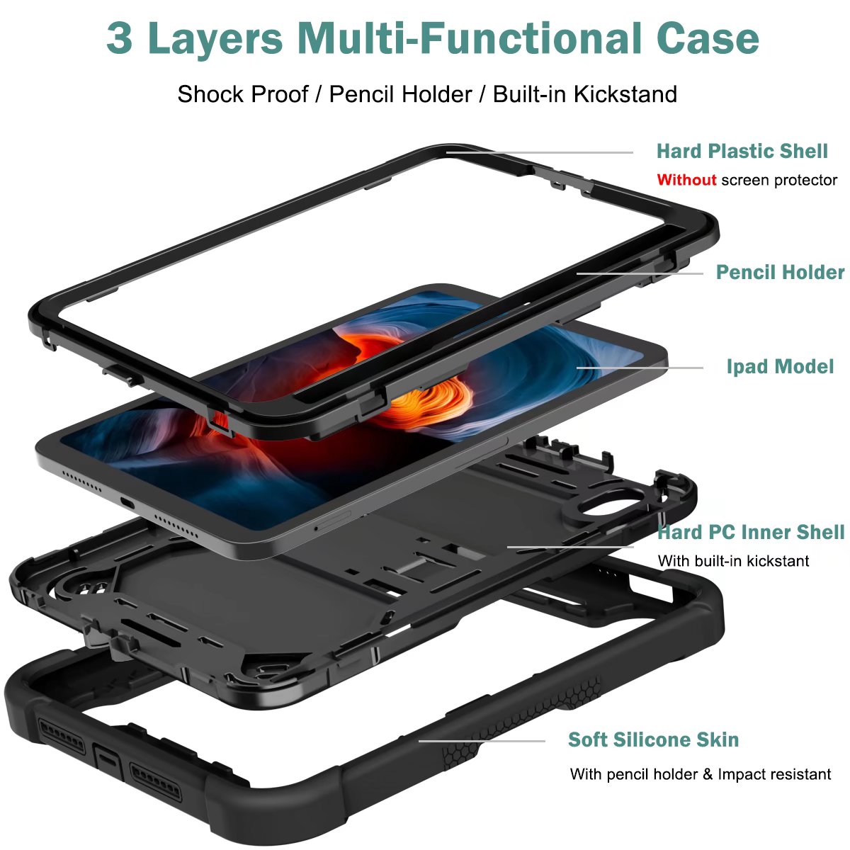 3 layers Full Body Protective shockproof hard PC+ Soft Silicone Cover Kickstand Cases for iPad Mini 6 Case