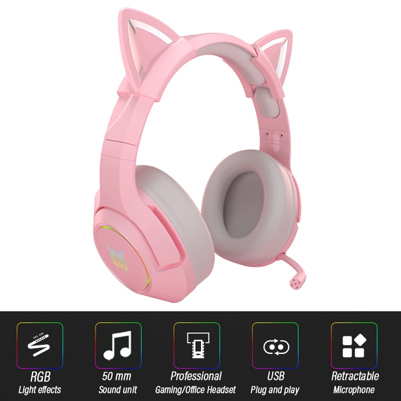 Gaming Headphones with Microphone Virtual 7.1 Noise Cancelling Pink Cat Ear Headset Vibration LED Light for PC Gamer Earphone