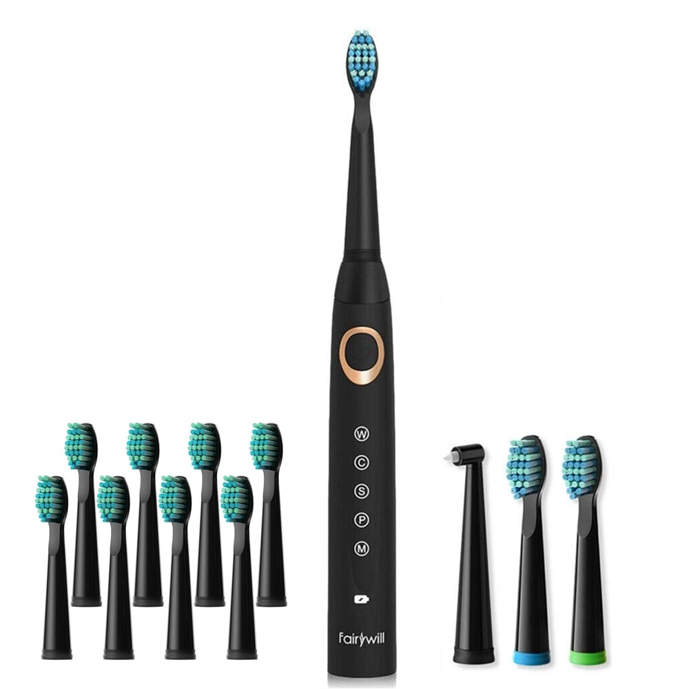 Fairywill – Brosses à dents électriques Sonic pour adultes et enfants,appareil de blanchiment rechargeable avec minuterie intelligente et 10 têtes de rechange, 5 modes de nettoyage,: 508Black5-FW02-2