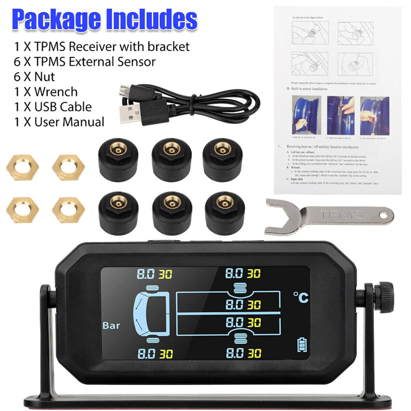 Wireless Car TPMS Tire Pressure Sensors Solar Tire Pressure Monitoring System Temperature Alarm 6 Wheel Tyre External Sensor