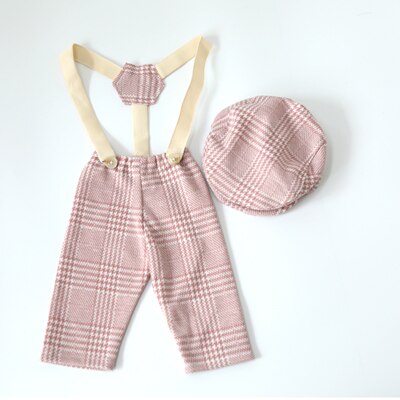 Newborn Flat Cap Sets Boy Overalls for Photo Shoot Bebe Fotografia Outfit Pants Suspender Straps Photo Baby Photography Props: Pink