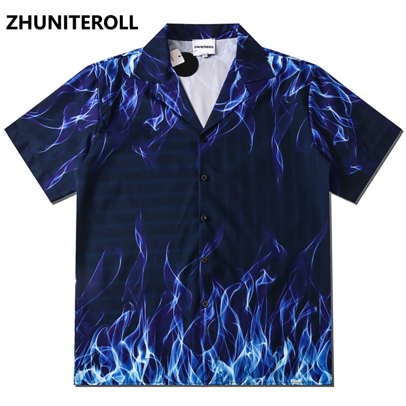 Blue Flame Print Shirts Men Streetwear Hip Hop Mens Hawaiian Shirt Harajuku Summer Beach Shirt Hawaii Tops Short Sleeve