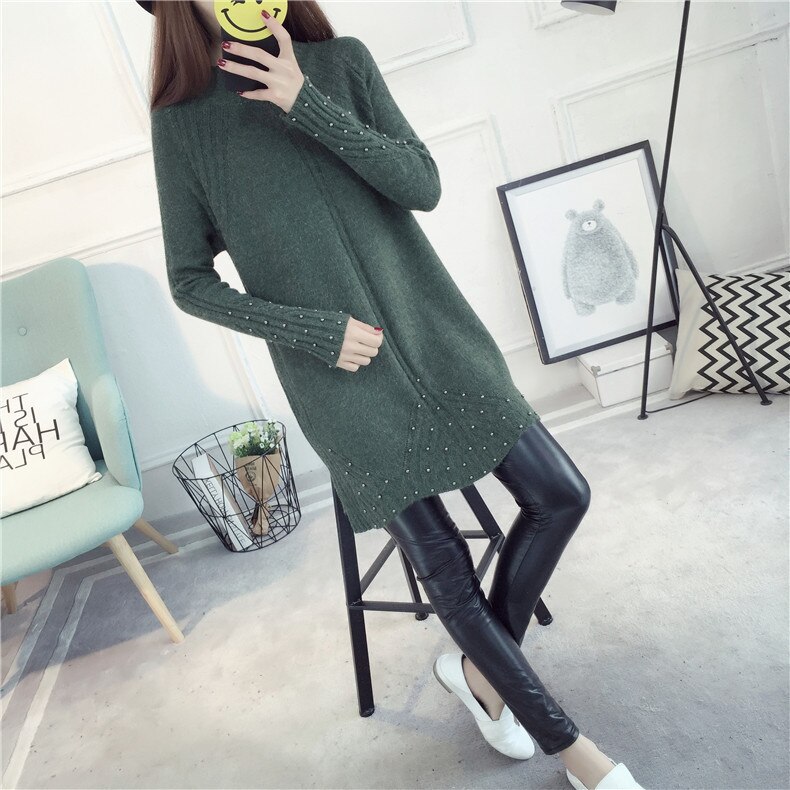 Women's Knitted Wool Dress Winter Turtleneck Beading Split Slim Thicken Medium Long Sweater Tops Female: W002120 green