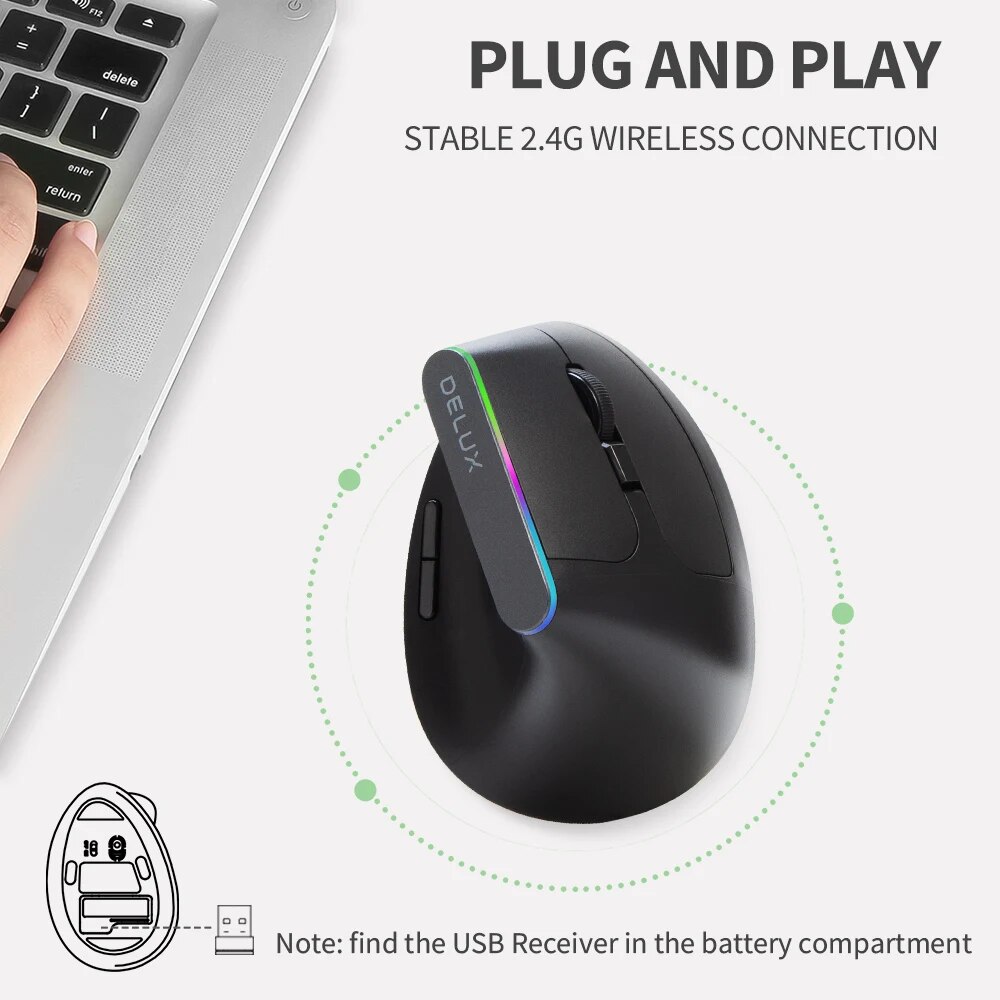 Delux m618c drahtlose ergonomische vertikale 6 Tasten Spielen-Maus USB-Empfänger rgb 1600 dpi optische Mäbenutzen mit für PC-Laptop