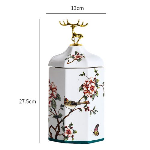 Kleur Bloem Gouden Vogel Herten Snoeppot Keramische Opslag Fles Huishouden Moer Thee Tin Vochtbestendige Opbergdoos Porselein ambachten: White