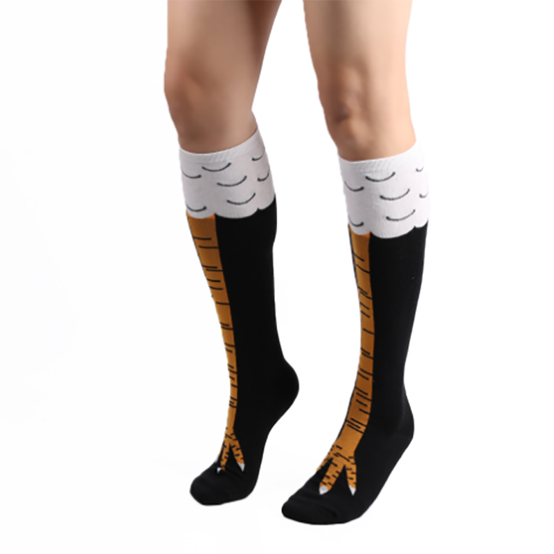 Bas à pattes de poulet pour femmes, chaussettes longues, chauffe-jambes, dessin animé drôle, griffe de jambe de poulet en coton, impression 3D, au-dessus du genou: black