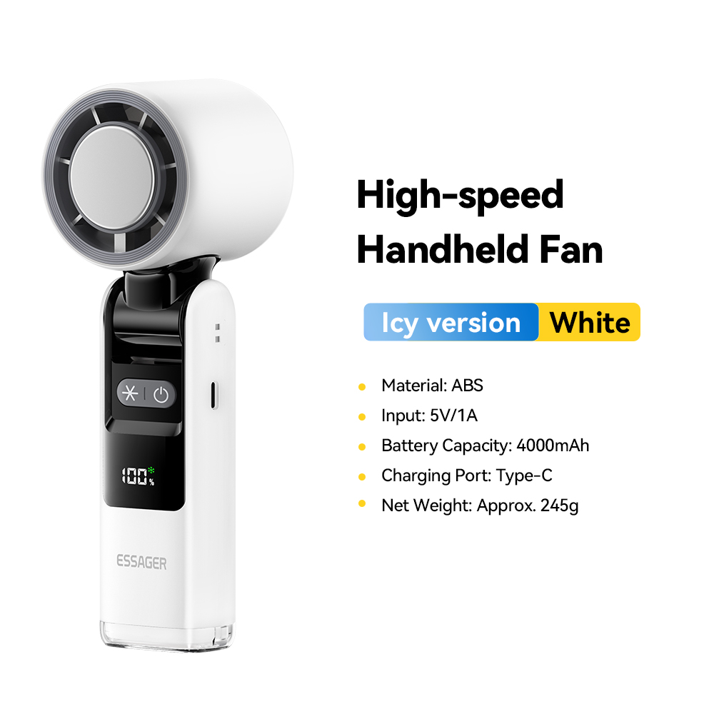Essager Portable Handheld Turbo Fan 100 High Speed Foldable Fan Handheld Adjustable USB C Rechargeable Fan with Display Screen: WHITE