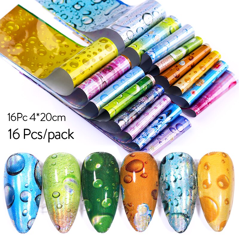 16 Stks/set Holographics Nail Folie Kleurrijke Waterdrop Patronen Nail Transfer Folie Diy Nail Art Decoratie: Default Title