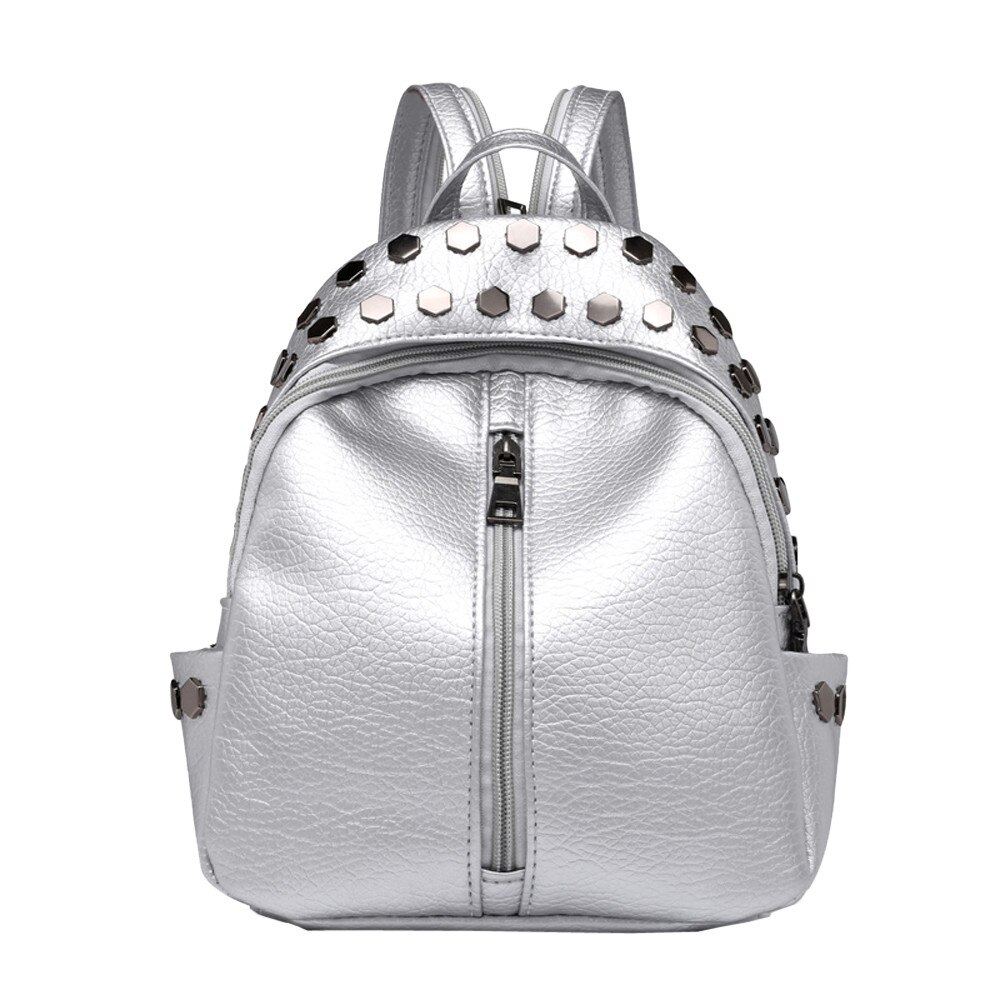 38 Mochila de cuero para mujer, Mochila de cuero con tachuelas Vintage para mujer, mochila escolar de viaje, mochila de gran capacidad para viaje: Plata