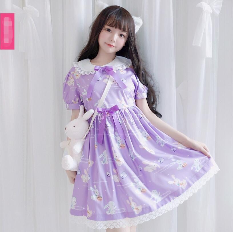 Vestido de verano de manga corta con estampado de conejito para chica mori, estilo lolita, estilo gótico vintage, estilo adolescente, estilo kawaii, para fiesta de té, estilo princesa loli.