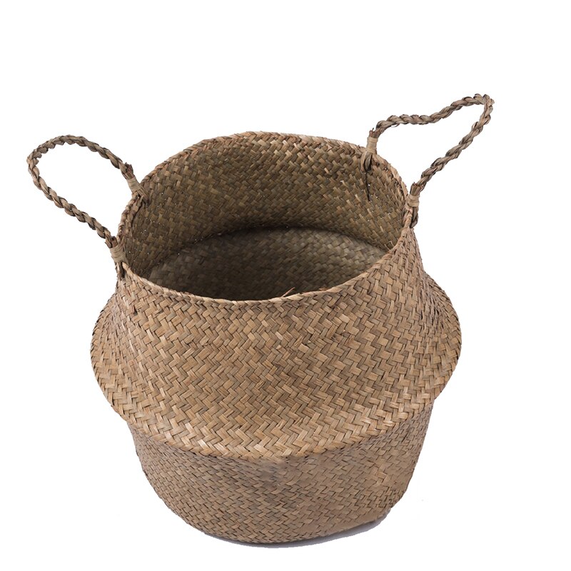 Handmade Seagrass Weaving Storage Baskets Foldable Basket Natural Straw Patchwork Wicker Rattan Belly Garden Flower Pot Basket