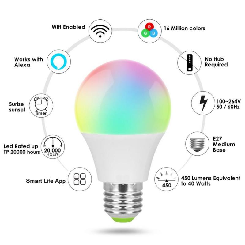 5 farver rgbwc wifi smart alexa ekko stemmestyring led pære fjernbetjening energibesparende smart hjem belysning timing pære