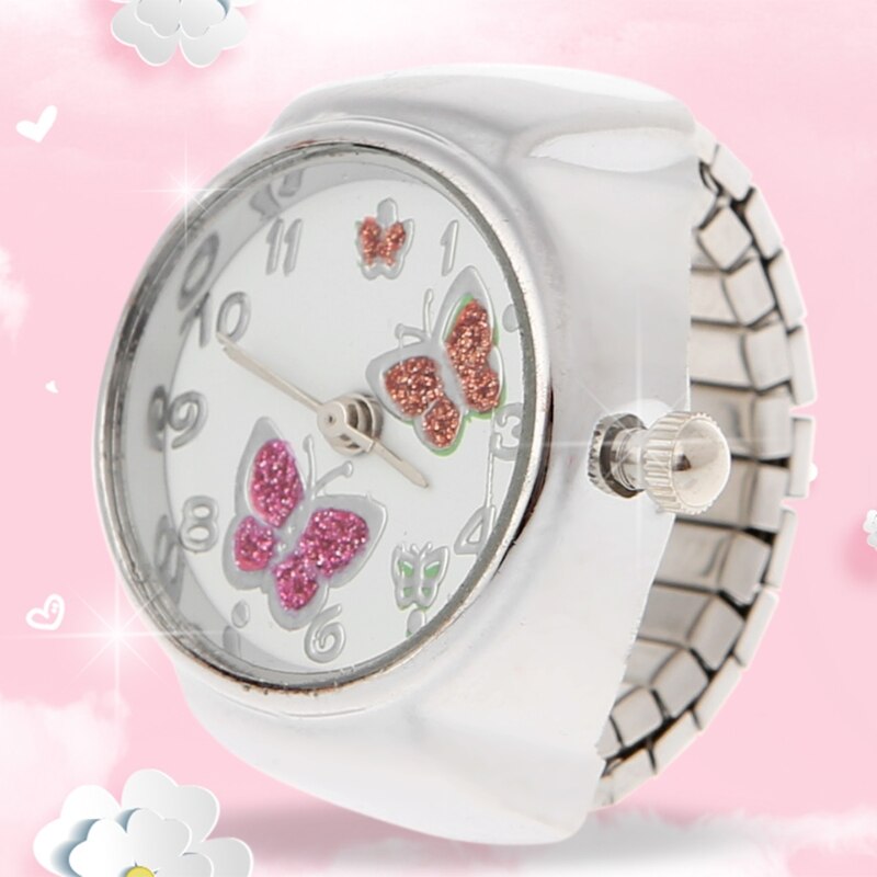 Women Dial Quartz Analog Finger Ring Watch Butterfly Elastic Steel