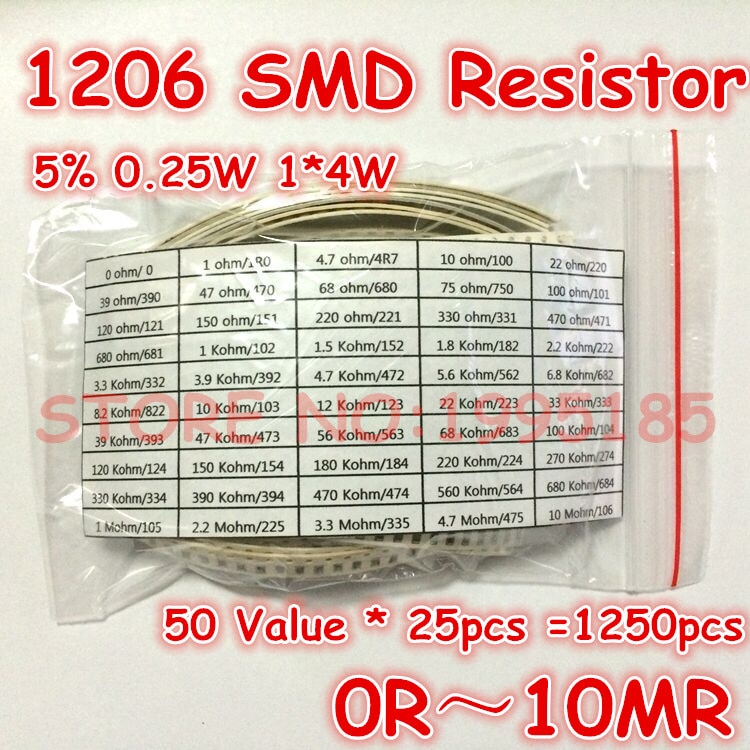 1250 stks 1206 Weerstand Kit (0R ~ 10MR) 5% 1/4 W 0.25 W 50 Waarde * 25 stks = 1250 stks 3.2*1.6mm
