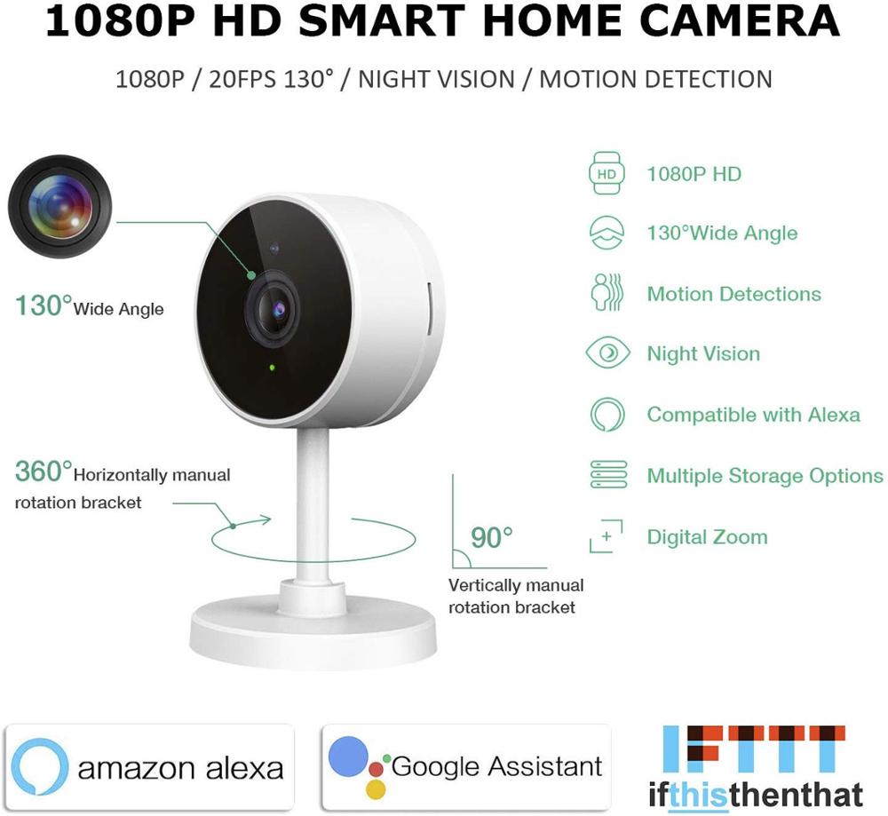 1080p wifi hjem smart kamera, trådløs indendørs 2.4g ip sikkerhedsovervågning med nattesyn, skærm med ios, android app