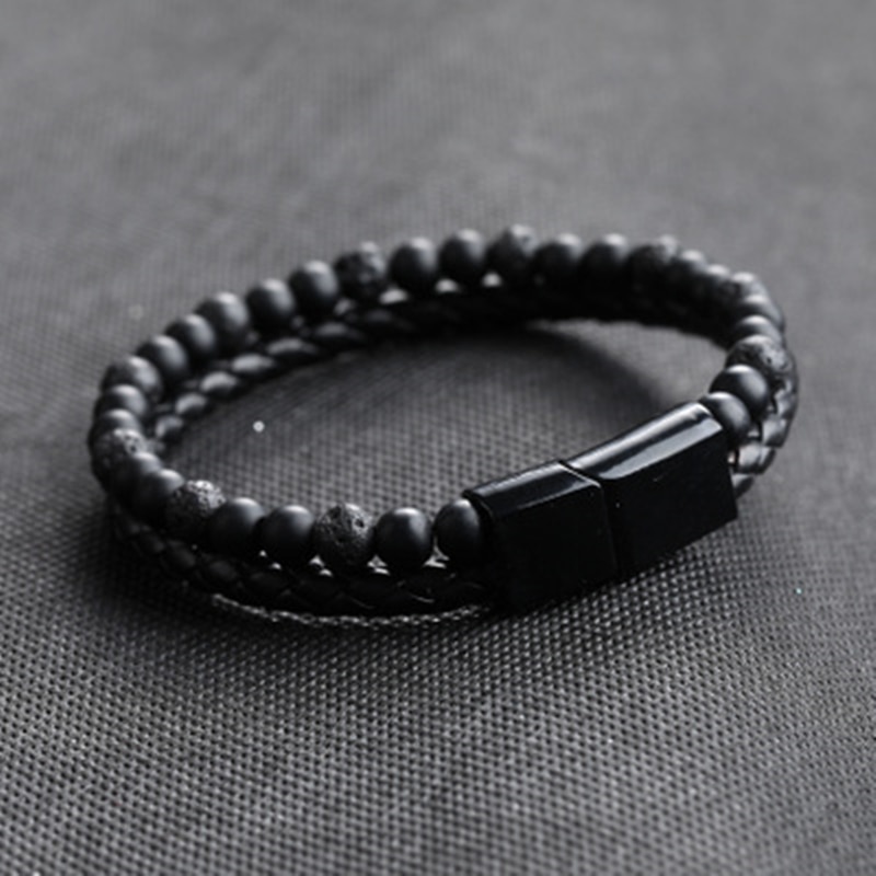 Natural Stone + Leather Men Bracelet Business Jewelry Bead Bracelet for Stainless Steel Magnetic Mature Boy Accessories