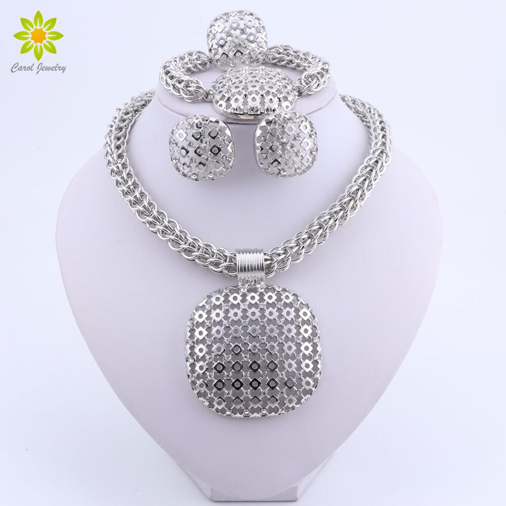 Dubai Verzilverd Sieraden Set Vrouwen Grote Hanger Ketting Mode Nigeriaanse Wedding Afrikaanse Crystal Kostuum Bruids Sieraden Set