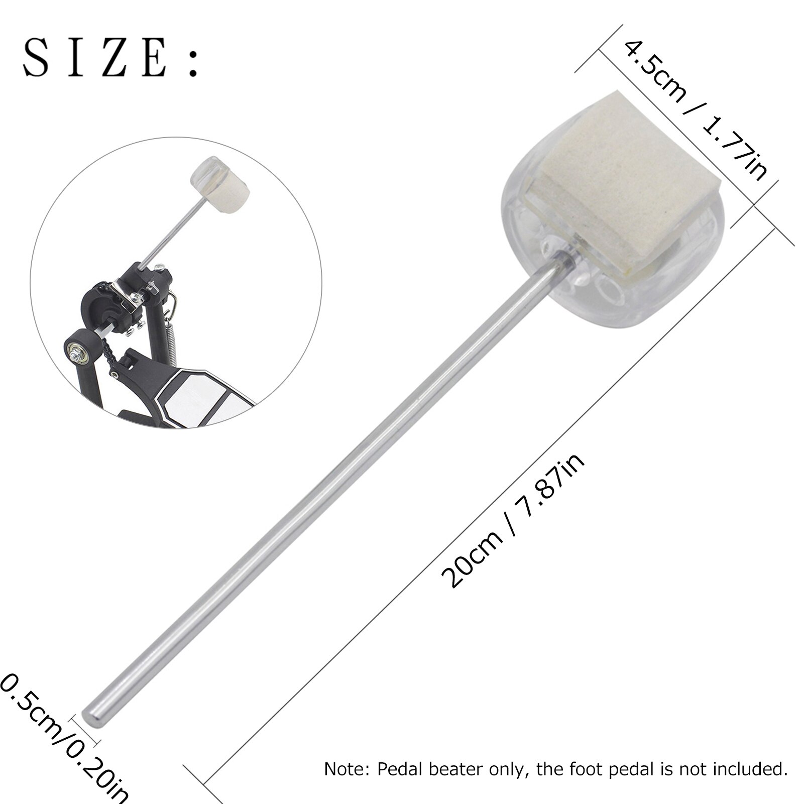 Universal Bass Drum Pedal Beater with High Density Felt Single/Double Drum Foot Pedal Beater Accessory for Percussion Instrument: Transparent