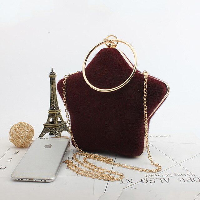 Mulheres 2019 Moda Saco de Noite Das Senhoras de Veludo Anel de Dedo Cutch Bolsa bolsa Bolsa de Ombro Cadeia de Sacos de Festa de Casamento da Forma da Estrela: red