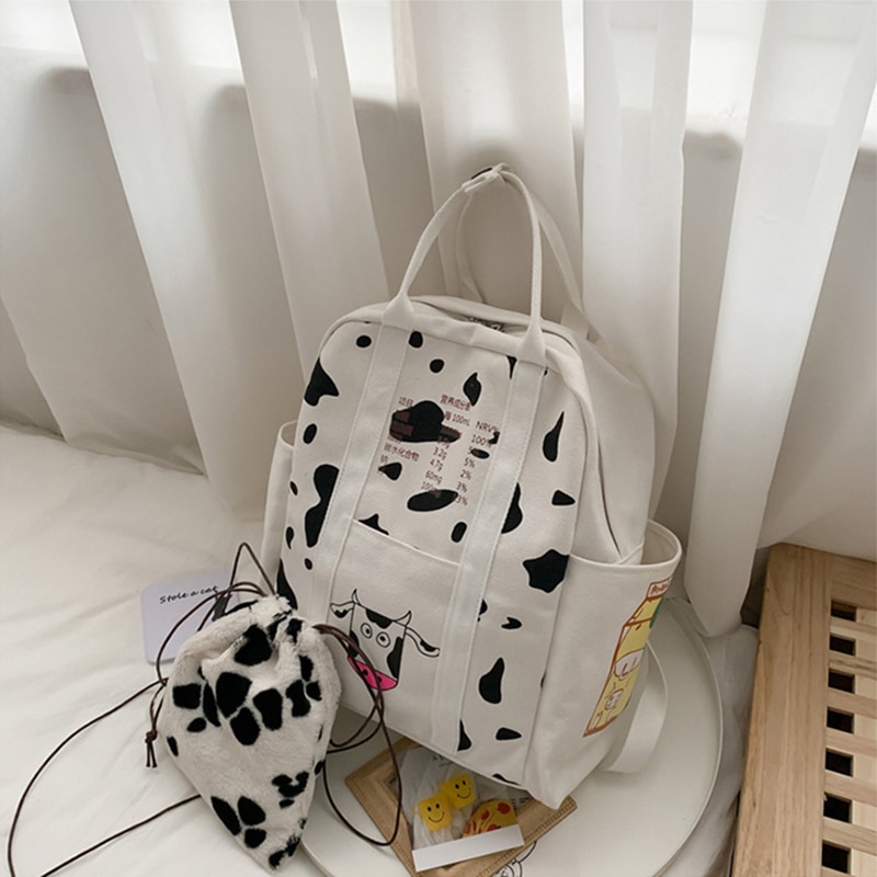 2pcs/set Cute Girls Milk Cow Printing Backpack Women Canvas Travel Knapsack Student School Bag Teenager Rucksack