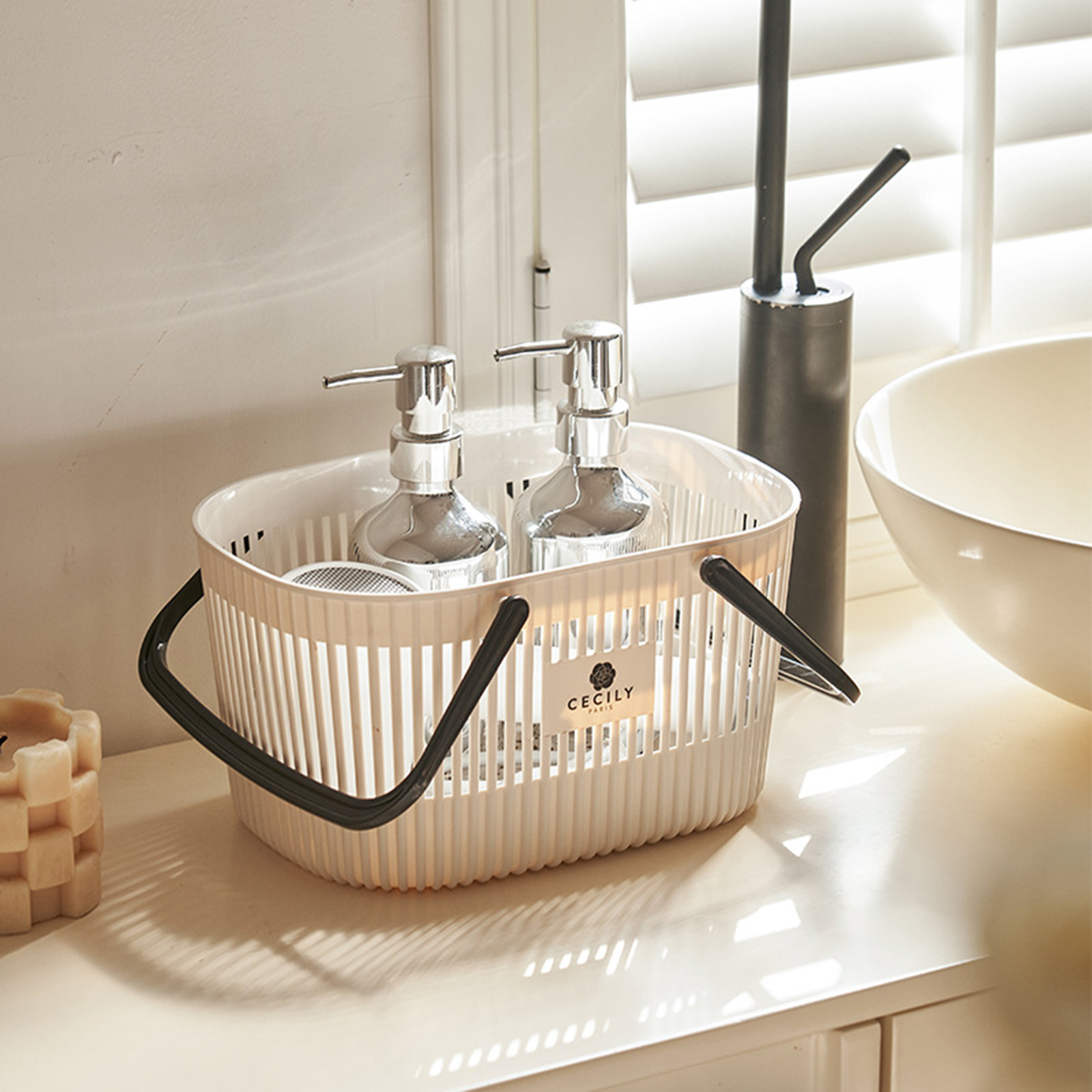 Panier organisateur en plastique avec poignées, bac de toilette de Drainage, panier de rangement empilable pour ranger le bain et le corps