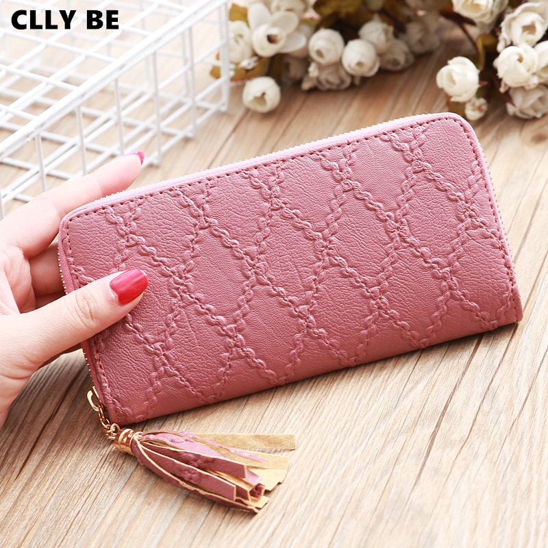 Vrouwen portemonnee met kwastjes, lange clutch, grote capaciteit, portemonnees met ruitvormige rits, damesportemonnee, telefoonvakje, kaarthouder, carteras