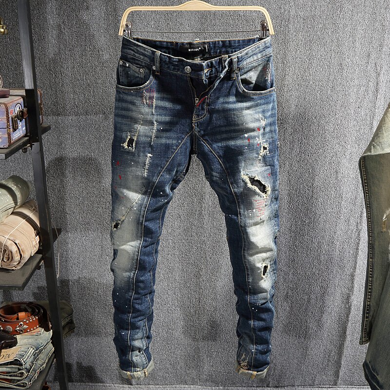 Streetwear mænd jeans slim fit retro blå splitsede riflede jeans mænd ødelagt denim bukser hip hop jeans homme