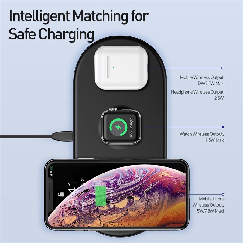 Caricabatterie Wireless Qi Baseus 3 in 1 per Apple Watch per iPhone X XS XR caricabatterie rapido Samsung S10 18W per telefono 11