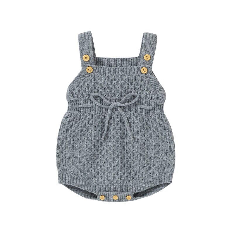 Macacão infantil de malha sem mangas, roupa de bebê recém-nascido para outono-inverno, macacão de algodão de laço para meninas: Cinza / 12-18M