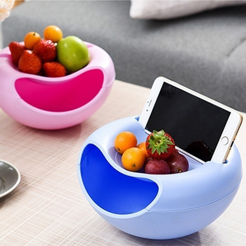 Double Layer Container box Bowl Dish Layer Dry Fruit Snacks Seeds Containers Phone Holder Plastic Storage Box