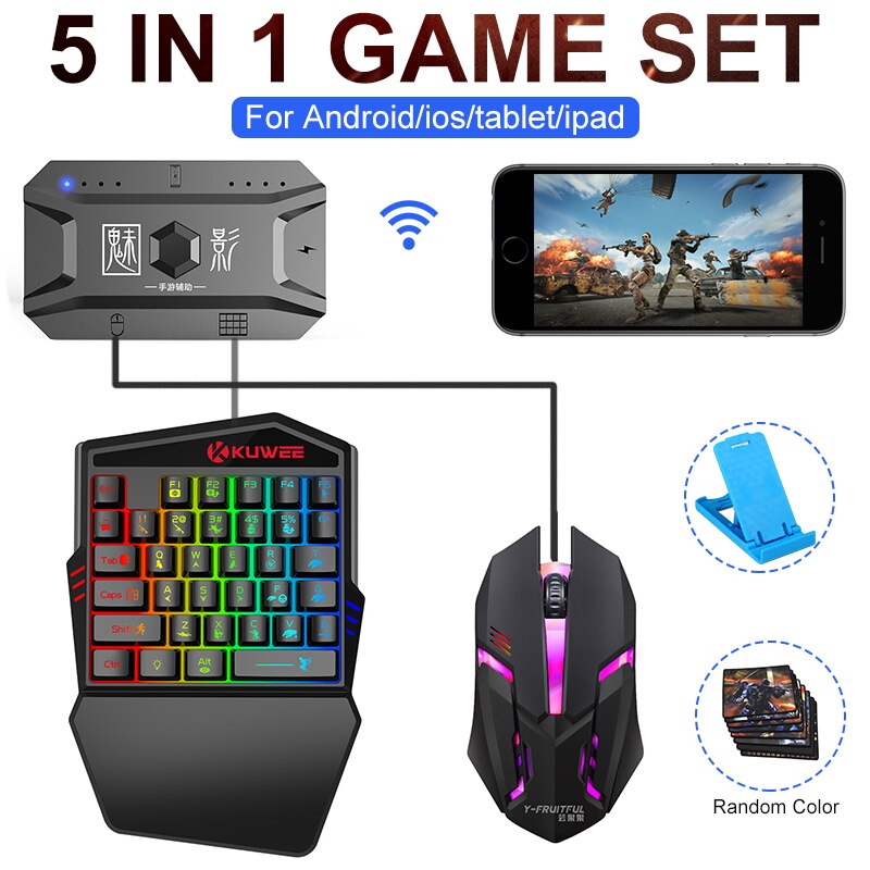 5-in-1 Gaming Set Wireless Bluetooth Gamepad One-handed 39 Keys Gaming Keyboard Mouse Converter Phone Holder Set for IOS Android: Default Title