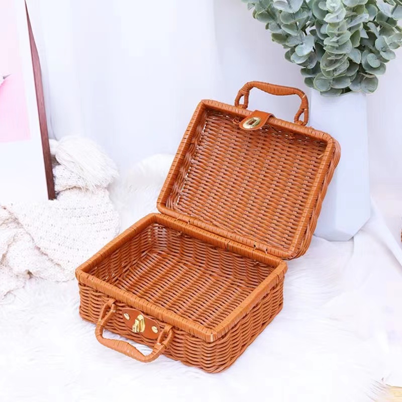 Paniers en rotin PP rétro, panier de rangement pour pique-nique, valise WUNICEF avec boîte à la main, boîte de rangement cosmétique tissée, rangement d'organisation
