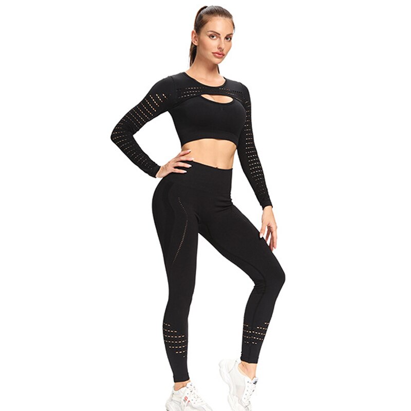 Vrouwen 2Pcs Naadloze Yoga Set Sport Pak Turnkleding Workout Kleding Met Lange Mouwen Gym Crop Top Hoge Taille Leggings Fitness sportkleding: Black / Xl