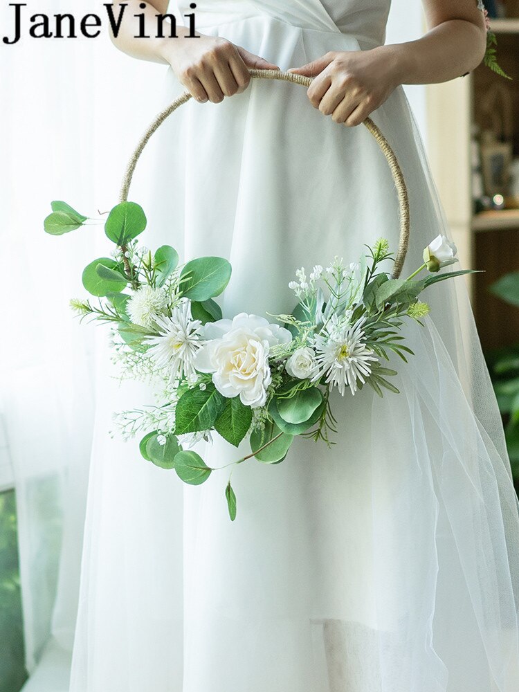 Janevini rose articielle hvid bryllupsbuket grøn brudepige blomst brud håndkrans kunstig brudebuket mariage blanc
