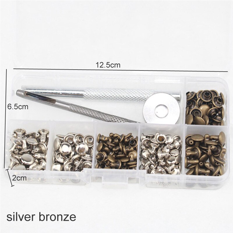 Metal Double Sided DIY Crafts Belts Fixing Tool Kit 120 Set Silver Bronze Rivets Rivets Tubular Leather Repairing: silver bronze