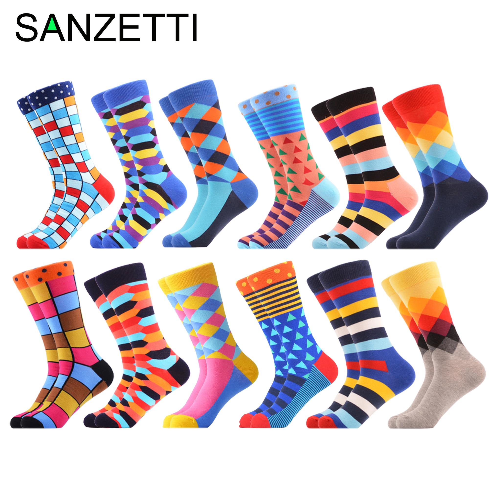 SANZETTI 12 Pairs/Lot Men Combed Cotton Casual Tube Socks Colorful Dress Striped Plaid Comfortable Party Classic Socks