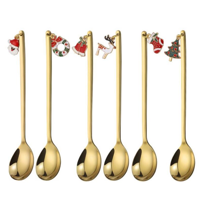 2 farben Edelstahl Kaffee Löffel Weihnachten Dekorative Geschirr Caps Besteck Halter Weihnachten Decor Tasche Tee Zubehör: 1 set gold
