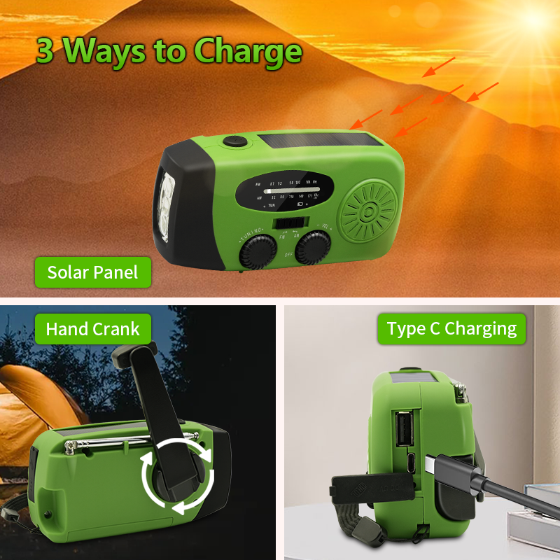 2000 mAh Radio awaryjne Wielofunkcyjne radio z korbą ręczną na energię słoneczną FM AM WB NOAA Radio pogodowe Ładowanie USB 3 latarki LED