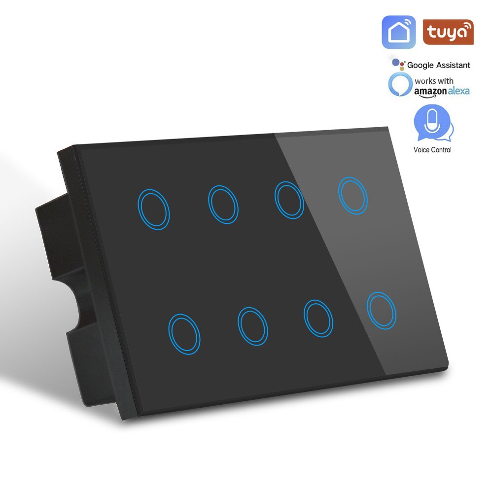 Tuya Smart Life APP Control WIFI Switch UK 110-240V,Crystal Glass 8 gang light wifi switch 600W,compatible Alexa Google: black