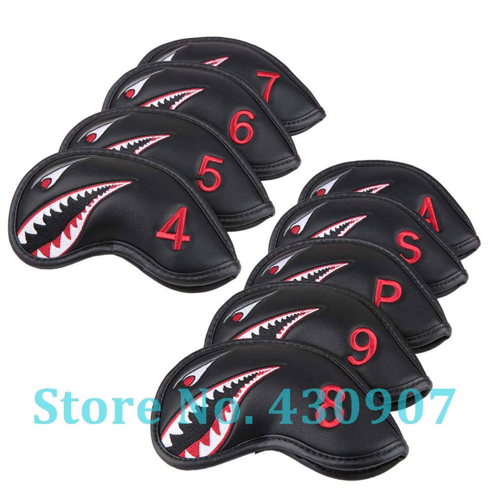 9 stuks/set zwarte pu-lederen golfclubijzerkophoes met haaienborduursel, 4,5,6,7,8,9, stuks