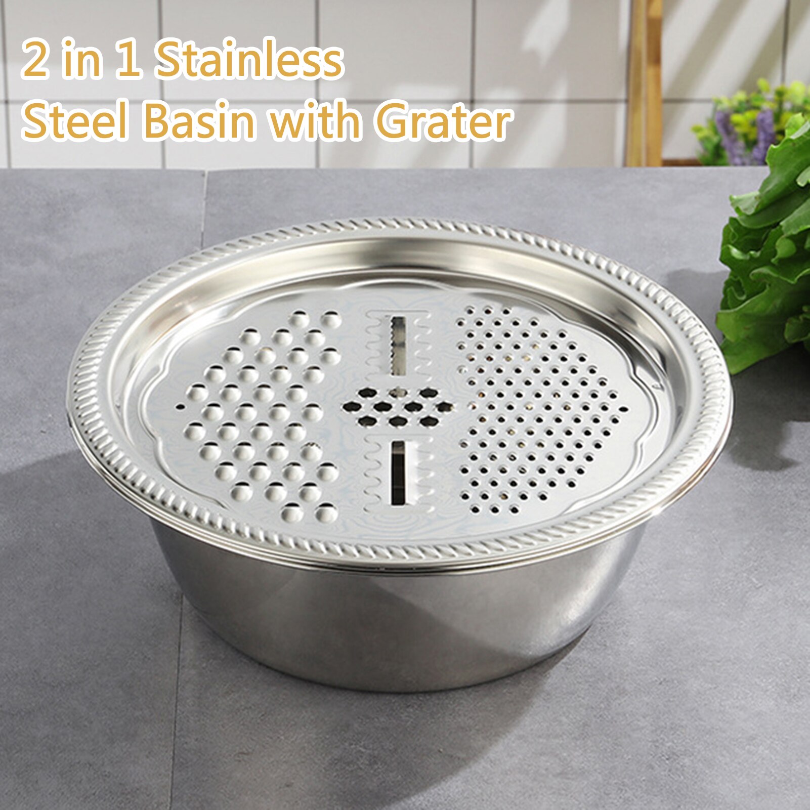 Kitchen Basin Thicken Stainless Steel Basin 3 in 1 Stainless Steel Grater Solid Basin Drain Basket Washing Bowl Set Kitchen Tool