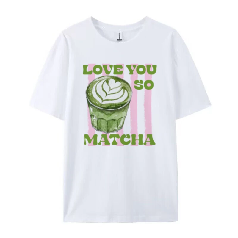 Love You So Matcha T-Shirt Cute Funny Matcha Lover T Shirt Retro Aesthetic Matcha Latte Graphic Tees Women Short Sleeve Top: M / WHITE