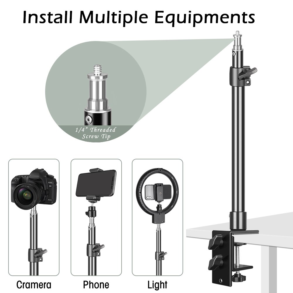 Support de lampe de bureau à pince C avec tête sphérique de 1/4 pouces, support de table réglable pour appareil photo DSLR, éclairage annulaire, moniteur vidéo