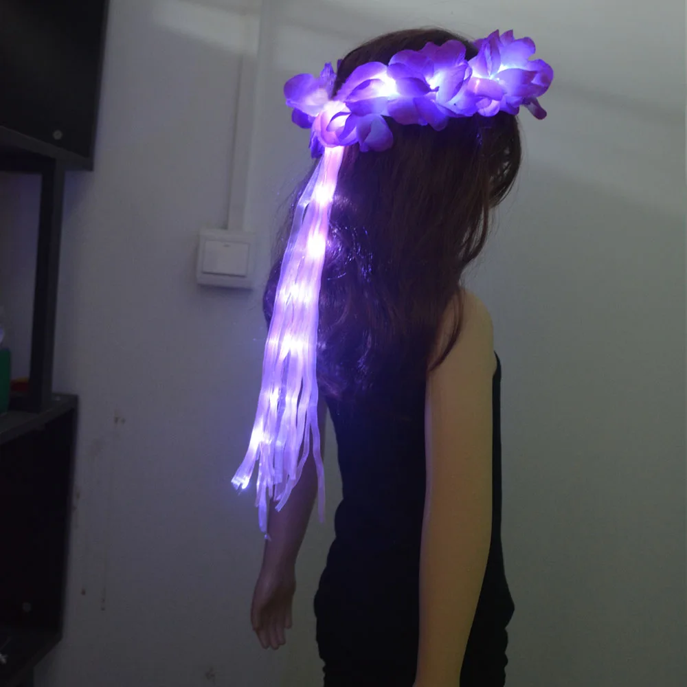 Women Girl Glow Party LED Hawaiian Lei Headband Light Up Flower Ribbon Crown Birthday Wedding Festival: MINT GREEN