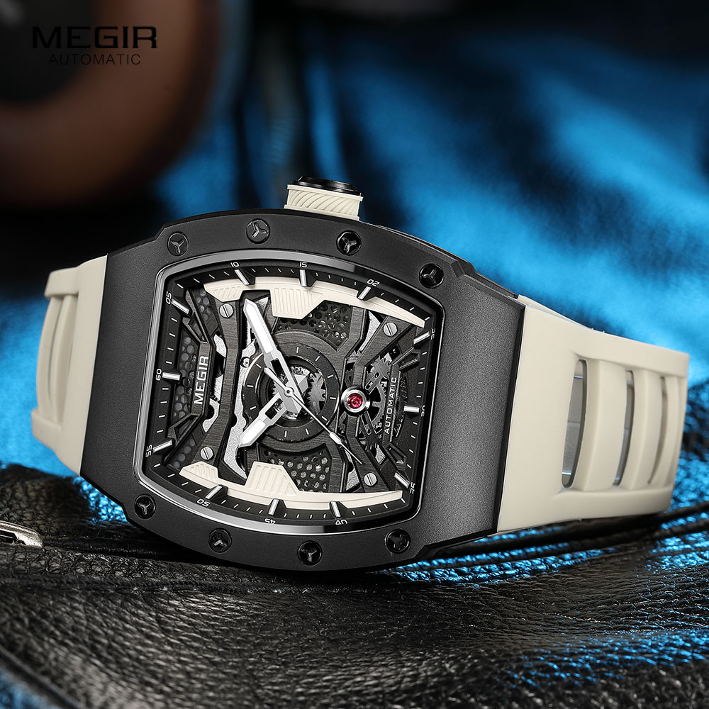 Reloj mecánico automático MEGIR para hombre con caja de acero inoxidable, correa de silicona, reloj de pulsera luminoso resistente al agua a la 8604