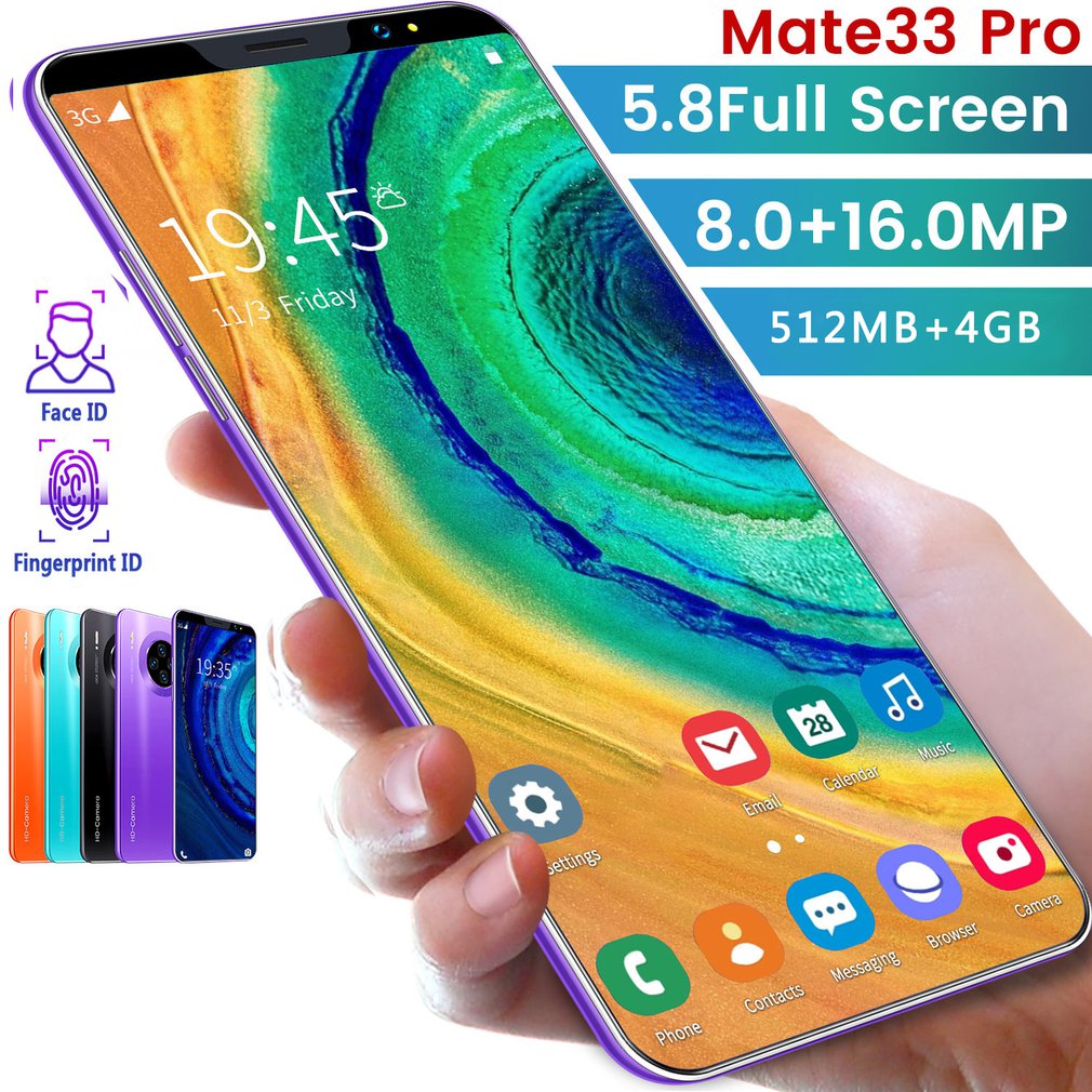 Smartphone Mate33 Pro con 512M 4GGB grande memoria schermo da 5.8 pollici supporto viso/impronta digitale sblocca telefoni cellulari Dual SIM