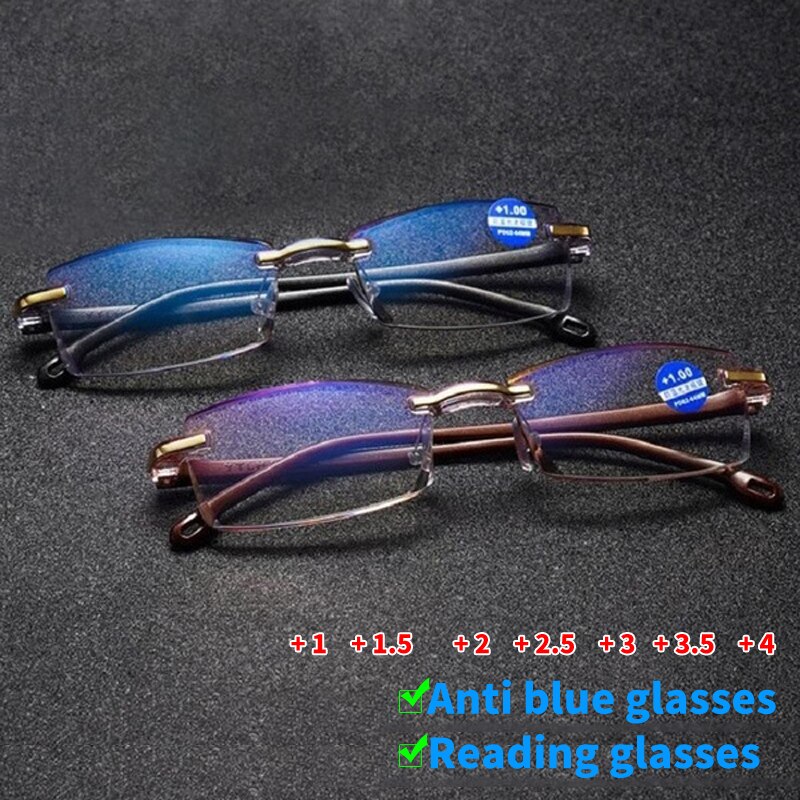 Óculos de leitura homem sem aro diamante-corte de luz e filme azul grau completo + 1.0 + 1.5 + 2.0 + 2.5 + 3.0 + 3.5 + 4.0 + óculos anti-azul