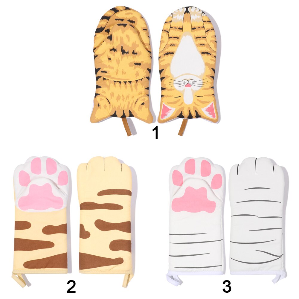 3D Cartoon Animal Cat Paws Oven Mitts Long Cotton Baking Insulation Gloves Microwave Heat Resistant Non-Slip Home Kitchen Gloves