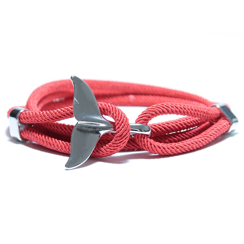 Pulsera de cola de ballena hecha a mano para hombre y mujer, brazalete de cuerda roja, cadena, joyería vikinga: Silver Red